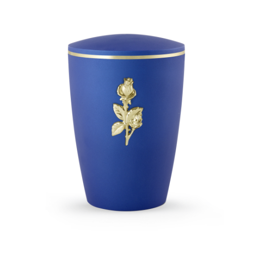 Die Urne aus der Edition Venezia ist in einem samtigen Azurblau gehalten, mit einer goldenen Rose und einem goldenen Rand am Deckel.