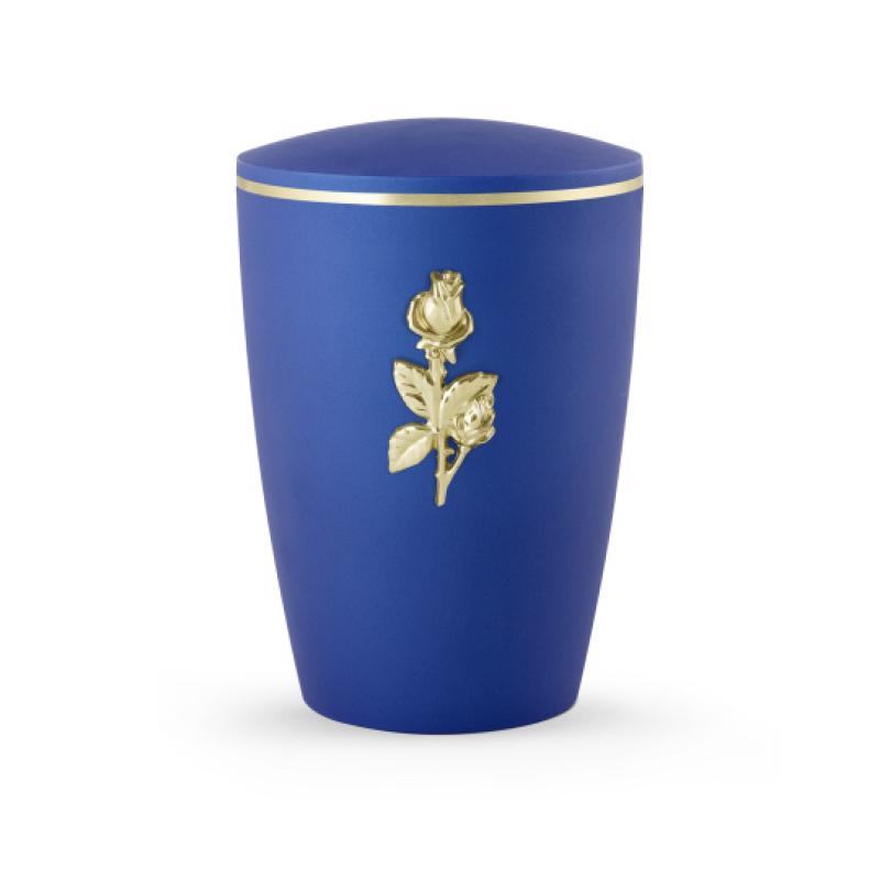 Die Urne aus der Edition Venezia ist in einem samtigen Azurblau gehalten, mit einer goldenen Rose und einem goldenen Rand am Deckel.