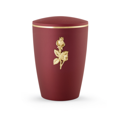 Die Urne der Edition Venezia ist in einem samtigen Rubinrot gehalten, hat eine goldene Zierlinie und eine goldene Rose als Dekoration.