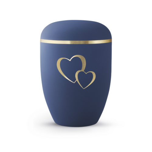 Die Urne aus der Edition Classique ist in einem samtigen Marineblau gehalten, mit einer goldenen Zierlinie und zwei goldenen Herzen als Dekor.