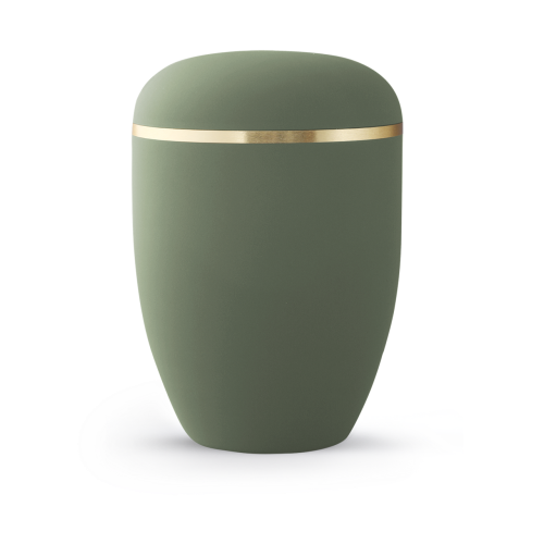 Die Urne der Edition Xenon ist in olivgrünem Samton gehalten, hat eine bauchige Form und ist mit einem gebürsteten Goldband verziert.