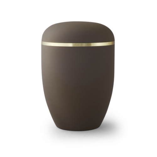 Die Urne aus der Edition Xenon ist in einem matten Samton café gehalten, hat eine ovale Form und ist mit einem gebürsteten Goldband verziert.