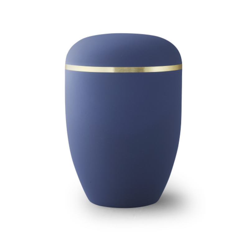 Urne in Samton marine mit gebürstetem Goldband, ovale Form, matte Oberfläche, Gesamtansicht.