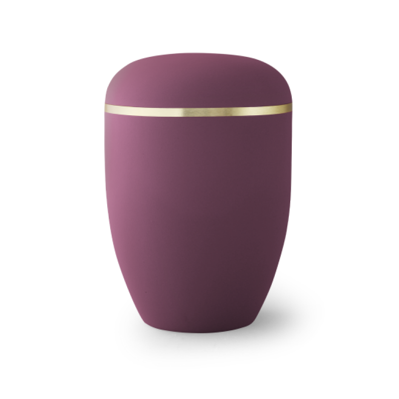 Die Urne der Edition Xenon ist burgunderrot, hat eine ovale Form, eine matte Samtoberfläche und ist mit einem gebürsteten Goldband verziert.