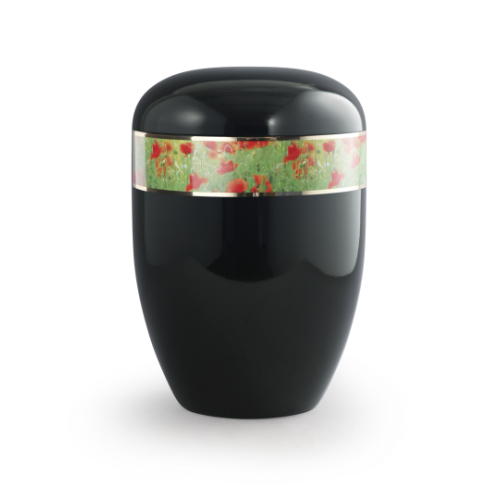 Schwarze Urne aus Klavierlack mit einer dekorativen Mohnblumen-Band, die eine biol. abbaubare Oberfläche hat, in Gesamtansicht.