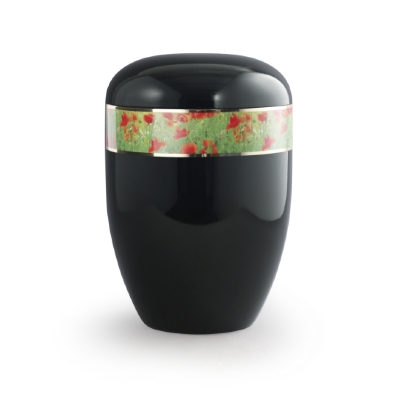 Schwarze Urne aus Klavierlack mit einer dekorativen Mohnblumen-Band, die eine biol. abbaubare Oberfläche hat, in Gesamtansicht.