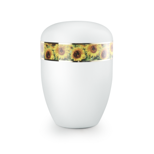 Die Urne ist weiß satiniert, hat eine ovale Form und ist mit einem bunten Sonnenblumenmotiv um den oberen Rand verziert.