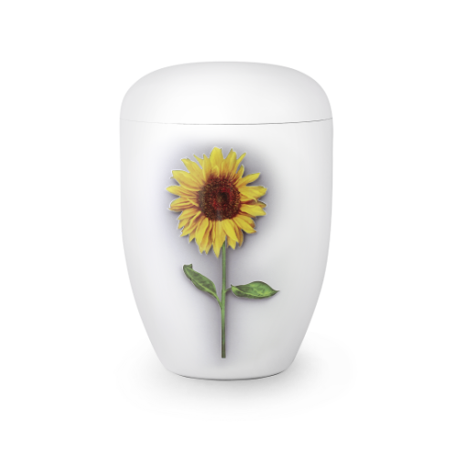 Die Urne aus der Edition Fleur hat eine weiße Klavierlack-Oberfläche und zeigt eine farbige Sonnenblume mit grünem Blatt auf der Vorderseite.