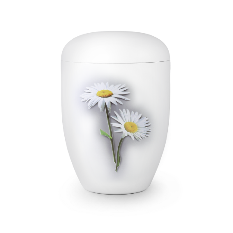 Die Urne aus der Edition Fleur ist weiß mit glänzendem Klavierlack und zeigt zwei Margeriten auf der Vorderseite, sie hat eine ovale Form und einen abnehmbaren Deckel.