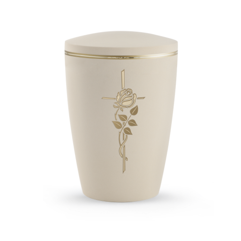 Urne in Samtton Creme mit goldfarbener Verzierung eines Kreuzes und einer Rose, matt/glänzendes Goldband, ovale Form, Gesamtansicht.