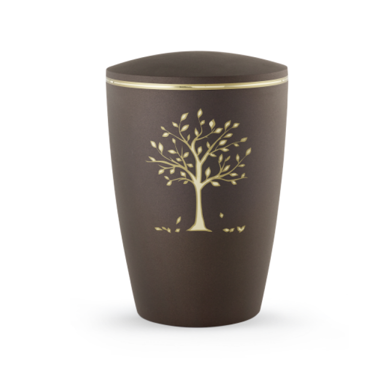 Die Urne der Edition Melina ist in einem Samtton Cafe gehalten, mit einem goldenen Baum-Motiv und einem matt/glänzenden Goldband am oberen Rand.