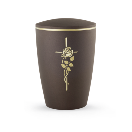 Die Urne in Samtton Cafe hat eine ovale Form, ist aus einem biologisch abbaubaren Material gefertigt und zeigt eine goldene Rose sowie ein Kreuz, umrandet von einem matt/glänzenden Band.