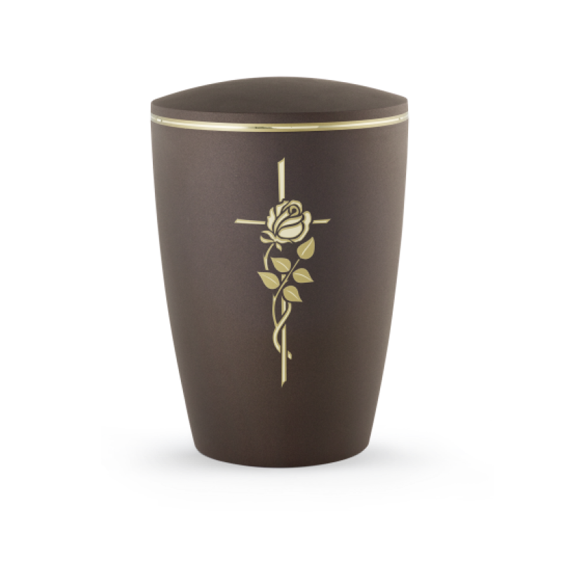 Die Urne in Samtton Cafe hat eine ovale Form, ist aus einem biologisch abbaubaren Material gefertigt und zeigt eine goldene Rose sowie ein Kreuz, umrandet von einem matt/glänzenden Band.