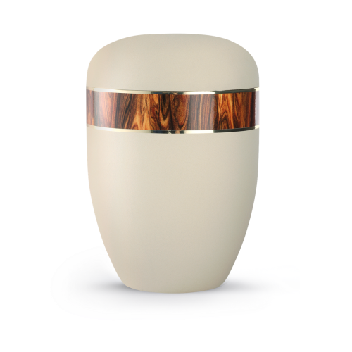 Die Urne der Edition Wood Line in Samtton creme hat eine ovale Form, eine dekorative Band aus Rio-Palisander und ist biologisch abbaubar.