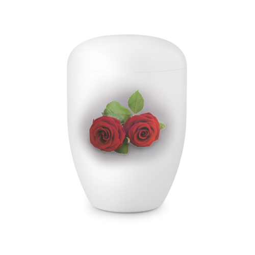 Die Urne ist weiß satiniert, hat eine runde Form und zeigt ein Motiv von zwei roten Rosen mit grünen Blättern auf der Vorderseite.