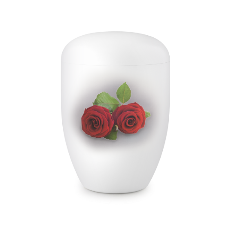 Die Urne ist weiß satiniert, hat eine runde Form und zeigt ein Motiv von zwei roten Rosen mit grünen Blättern auf der Vorderseite.