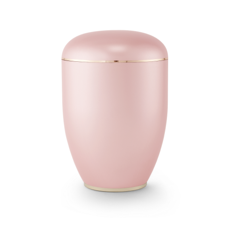 Die Urne aus der Edition Creatio ist in perlmutt rosé gehalten, hat eine polierte Oberfläche und einen goldenen Rand, mit einer ovalen Form und einem stabilen Fuß.