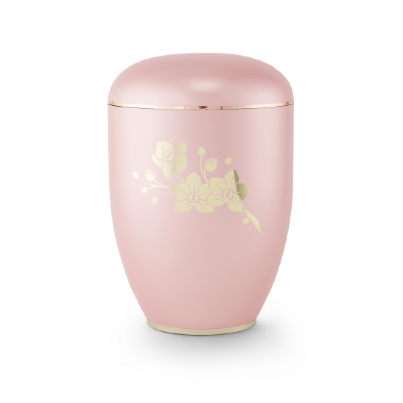 Die Urne der Edition Creatio in perlmutt rosé hat eine ovale Form, einen polierten Fuß und ist mit einer goldenen Orchideen-Dekoration verziert.