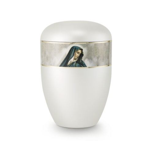 Die Urne aus der Edition 360° ist perlmuttfarben, hat eine runde Form und zeigt ein Bild der Mutter Gottes mit einer goldenen Umrandung.