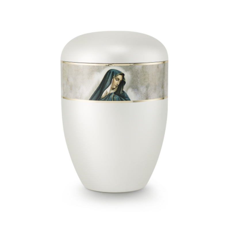 Die Urne aus der Edition 360° ist perlmuttfarben, hat eine runde Form und zeigt ein Bild der Mutter Gottes mit einer goldenen Umrandung.