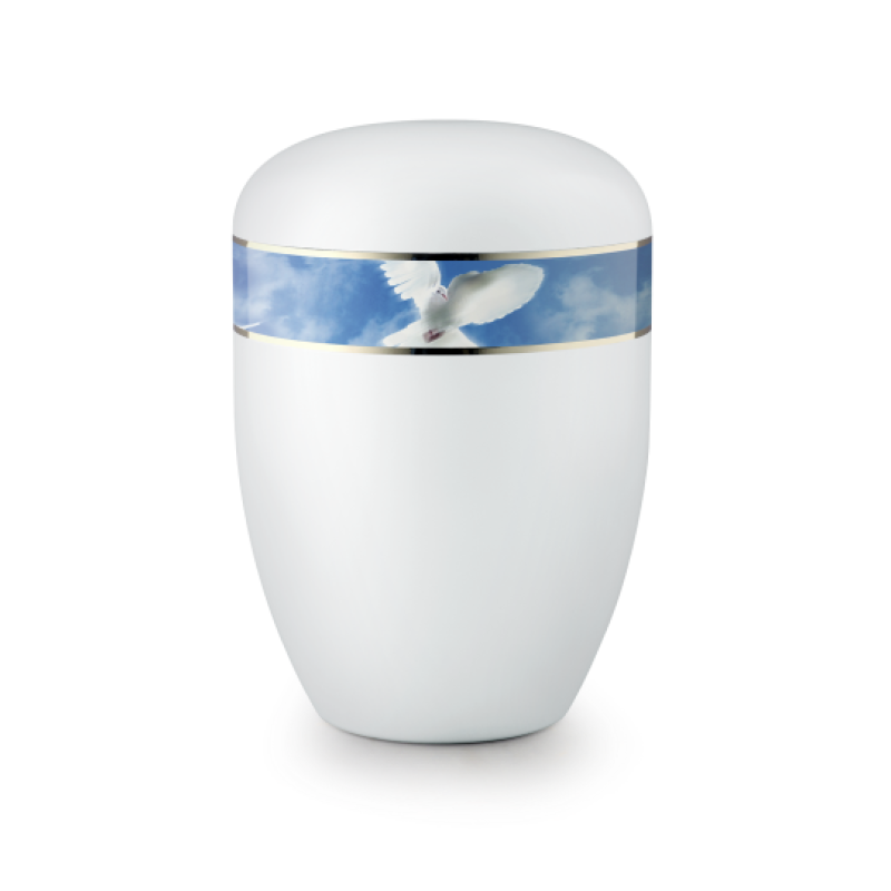 Die Urne ist weiß satiniert, hat eine ovale Form und zeigt einen blauen Streifen mit einer Friedenstaube auf einem Himmelshintergrund.