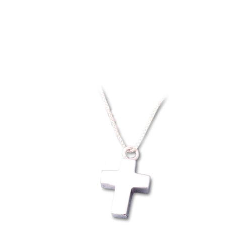 Ein schlichtes Kreuz aus Sterlingsilber hängt an einer feinen Kette, auf einem weißen Hintergrund, in einer Gesamtansicht.