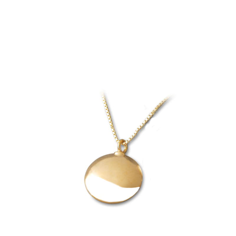 Ein runder, vergoldeter Anhänger aus Sterlingsilber mit einer glatten Oberfläche hängt an einer feinen Kette, präsentiert in einer Samtdose.