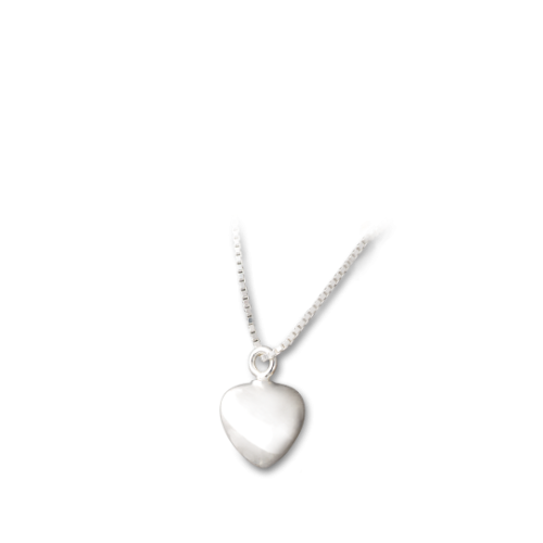 Ein herzförmiger Anhänger aus Sterlingsilber hängt an einer feinen Silberkette, auf einem hellen Hintergrund ohne weitere Details.