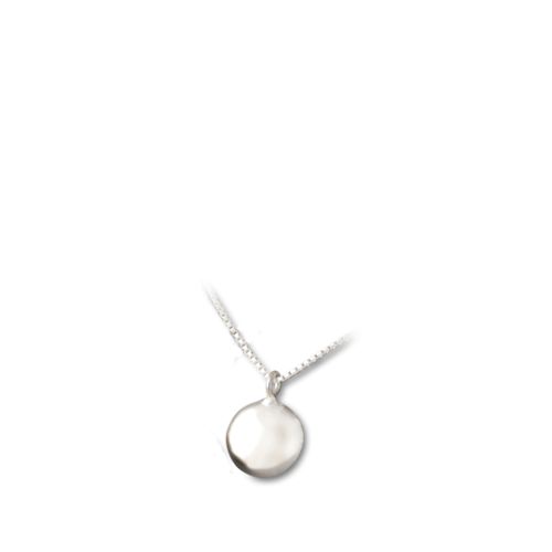 Ein runder Anhänger aus Sterlingsilber mit einer glatten Oberfläche hängt an einer feinen Silberkette, präsentiert in einer kleinen Samtdose.
