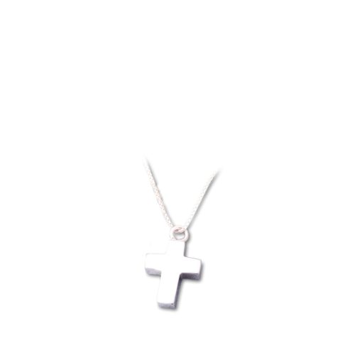 Kreuzanhänger aus Sterlingsilber mit einer glatten Oberfläche, an einer feinen Kette, in kleiner Ausführung, Gesamtansicht.