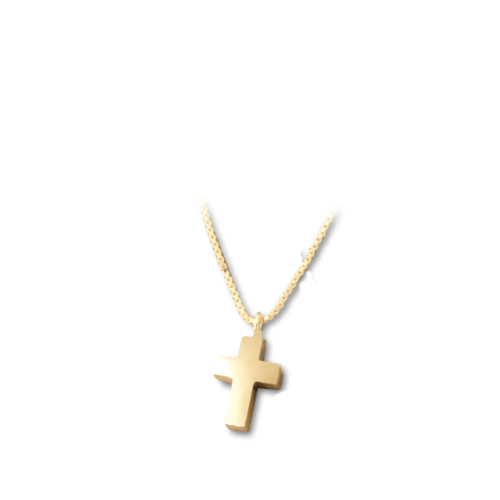 Eine kleine Kreuzanhänger aus 14 karat Gold (585) mit einer feinen Kette, abgebildet auf einem weißen Hintergrund.