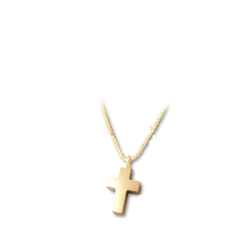 Eine kleine Kreuzanhänger aus 14 karat Gold (585) mit einer feinen Kette, abgebildet auf einem weißen Hintergrund.
