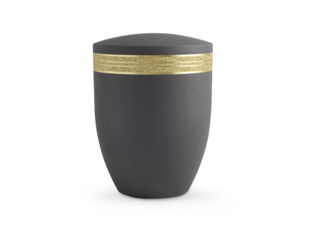Edition Krypta, Samton Anthrazit, mattgolden eingefasstes glitzerndes Dekor, biol. abbaub. Edition Krypta, Samton Anthrazit, mattgolden eingefasstes glitzerndes Dekor, biol. abbaub.