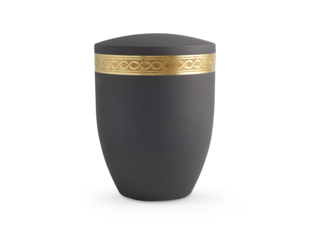 Edition Krypta, Samton Anthrazit, mattgoldenes Unendlichkeitsdekor altgolden eingefasst, biol. abbaub. Edition Krypta, Samton Anthrazit, mattgoldenes Unendlichkeitsdekor altgolden eingefasst, biol. abbaub.