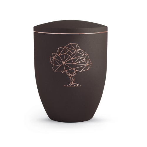 Urne in der Farbe Velvet Siena mit kupferfarbenem, geometrischem Baum-Motiv, aus mattem Material, in ovaler Form und Gesamtansicht.