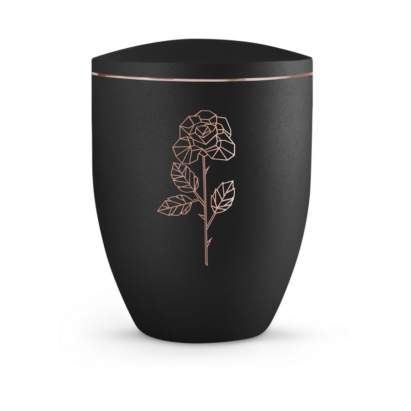 Die schwarze Urne aus der Edition Geometric hat eine matte Oberfläche und zeigt ein kupferfarbenes, geometrisches Rosenmotiv auf der Vorderseite.
