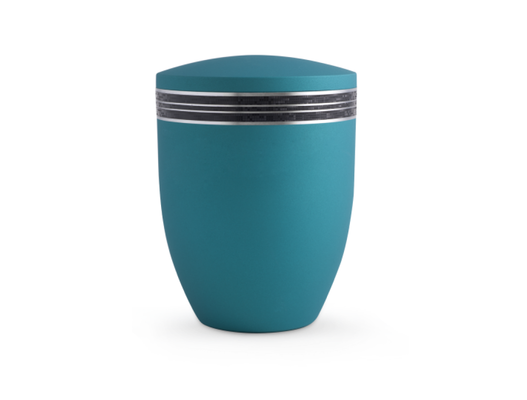 Edition Krypta, Samton Arctic-Türkis, mattsilber eingefasstes schwarzes Mosaikzierband, biol. abbaub.