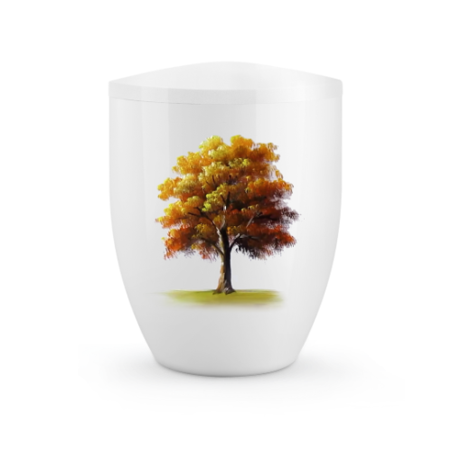Die Urne aus der Edition Silva ist hochglänzend weiß und zeigt ein farbenfrohes Motiv eines Ahornbaums im Herbst auf der Vorderseite.