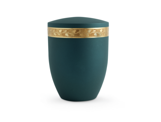 Edition Krypta, velvet Petrol, mattgoldenes Blätterdekor altgolden eingefasst, biol. abbaub