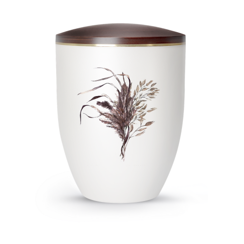 Die Urne aus der Edition Silva ist in Perlmutt-Mattweiß gehalten, hat eine ovale Form und zeigt ein florales Gräser-Motiv, ergänzt durch einen braunen Deckel.