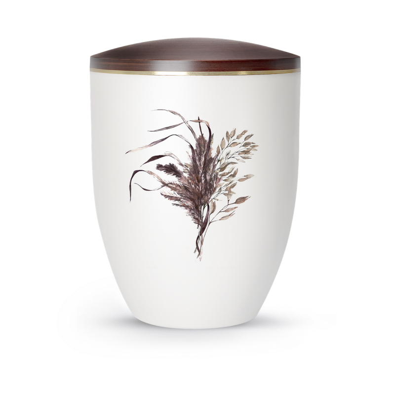 Die Urne aus der Edition Silva ist in Perlmutt-Mattweiß gehalten, hat eine ovale Form und zeigt ein florales Gräser-Motiv, ergänzt durch einen braunen Deckel.