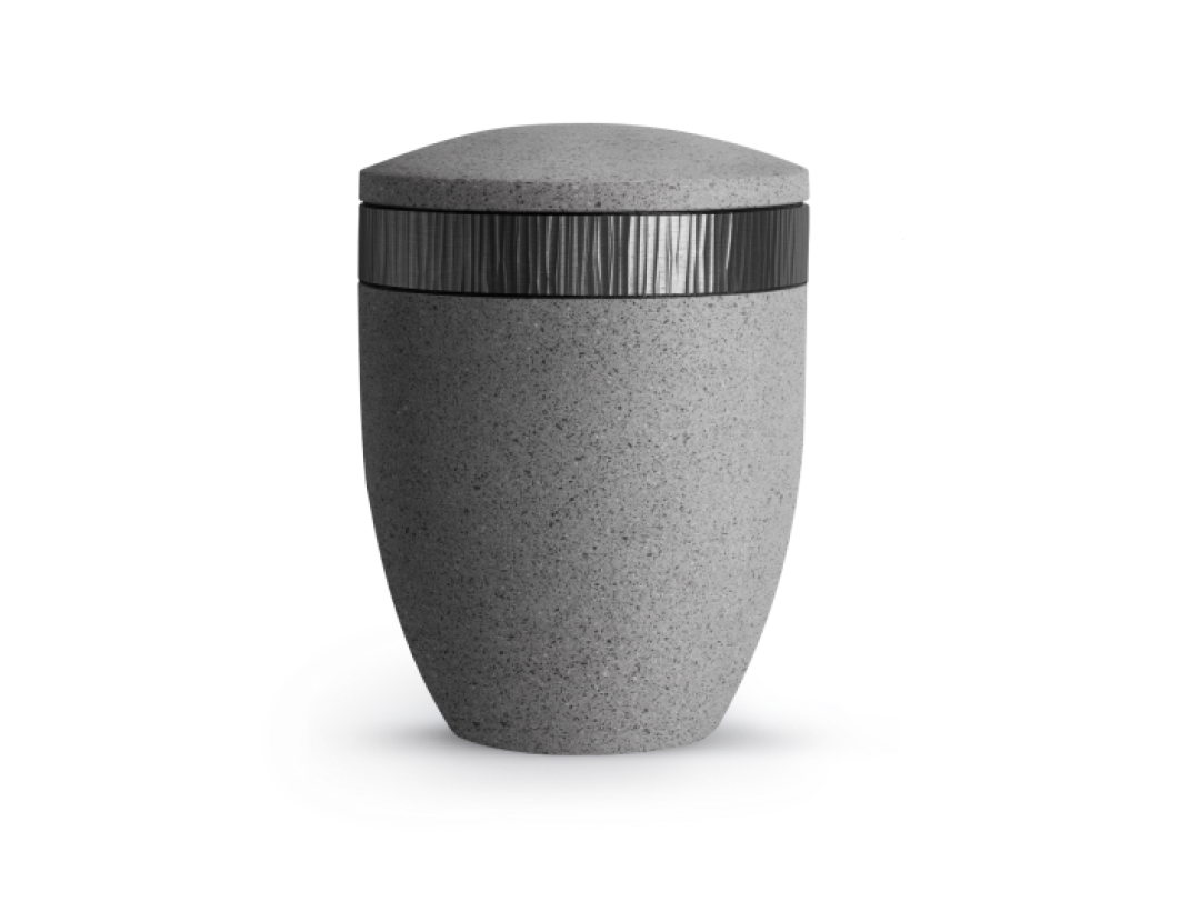 Terra-Jura Urne Edition Rocka, Muschelkalkbeschichtung betongrau, Dekor schwarzes Wellenrelief Terra-Jura Urne Edition Rocka, Muschelkalkbeschichtung betongrau, Dekor schwarzes Wellenrelief