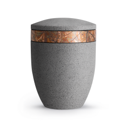 Terra-Jura Urne Edition Rocka, Muschelkalkbeschichtung betongrau, Dekor kupfer mit Blättermuster Terra-Jura Urne Edition Rocka, Muschelkalkbeschichtung betongrau, Dekor kupfer mit Blättermuster