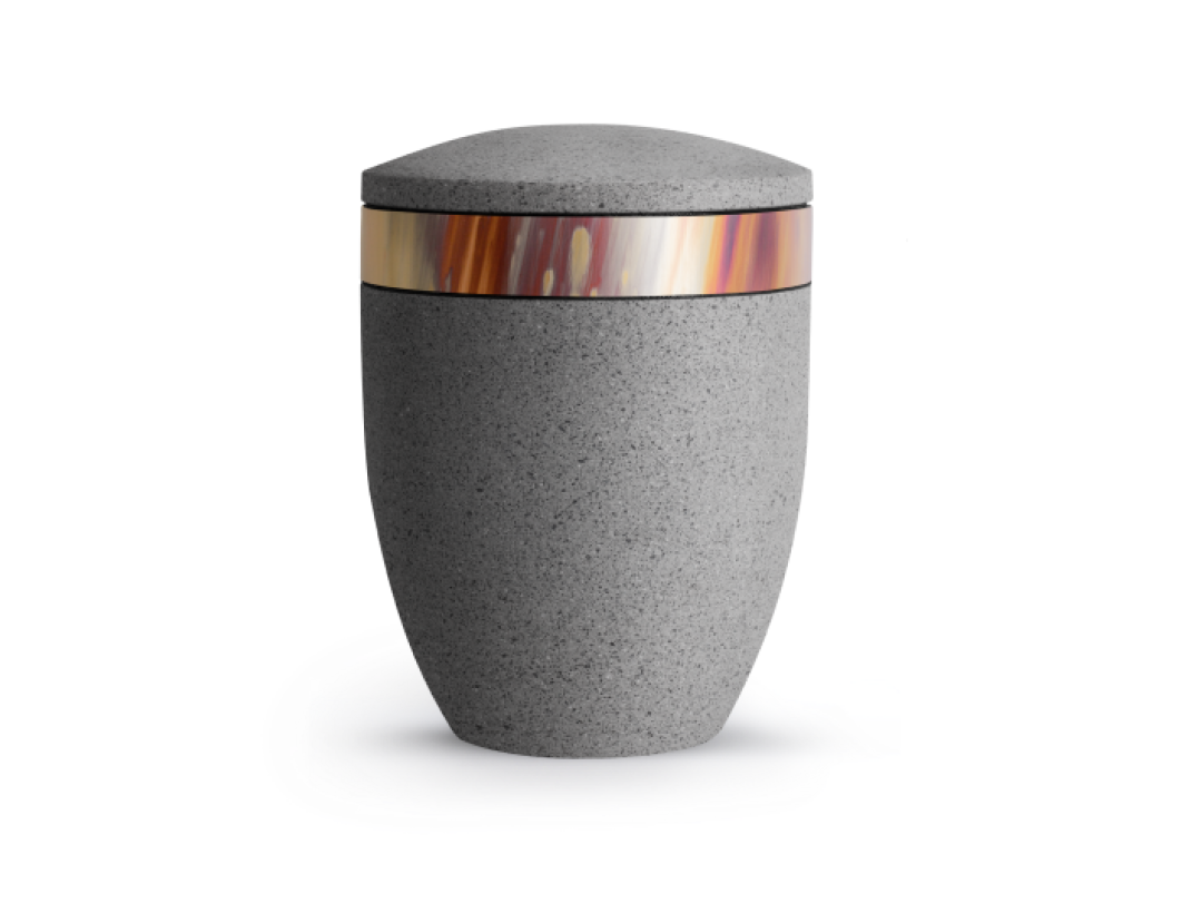 Terra-Jura Urne Edition Rocka, Muschelkalkbeschichtung betongrau, Dekor bunt gefärbtes Kupfer Terra-Jura Urne Edition Rocka, Muschelkalkbeschichtung betongrau, Dekor bunt gefärbtes Kupfer