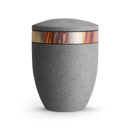 Terra-Jura Urne Edition Rocka, Muschelkalkbeschichtung betongrau, Dekor bunt gefärbtes Kupfer Terra-Jura Urne Edition Rocka, Muschelkalkbeschichtung betongrau, Dekor bunt gefärbtes Kupfer