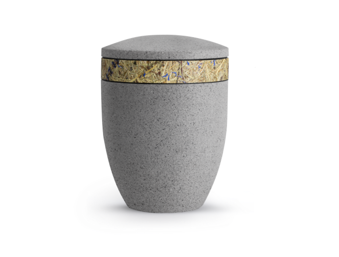 Terra-Jura Urne Edition Rocka, Muschelkalkbeschichtung betongrau, Dekor aus Gräsern Terra-Jura Urne Edition Rocka, Muschelkalkbeschichtung betongrau, Dekor aus Gräsern