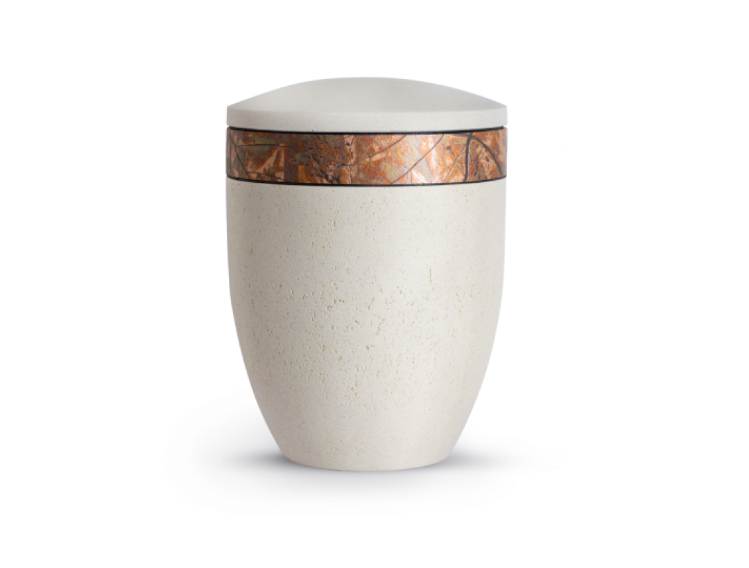 Terra-Jura Urne Edition Rocka, Muschelkalkbeschichtung creme, Dekor kupfer mit Blättermuster Terra-Jura Urne Edition Rocka, Muschelkalkbeschichtung creme, Dekor kupfer mit Blättermuster