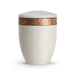 Terra-Jura Urne Edition Rocka, Muschelkalkbeschichtung creme, Dekor kupfer mit Blättermuster Terra-Jura Urne Edition Rocka, Muschelkalkbeschichtung creme, Dekor kupfer mit Blättermuster