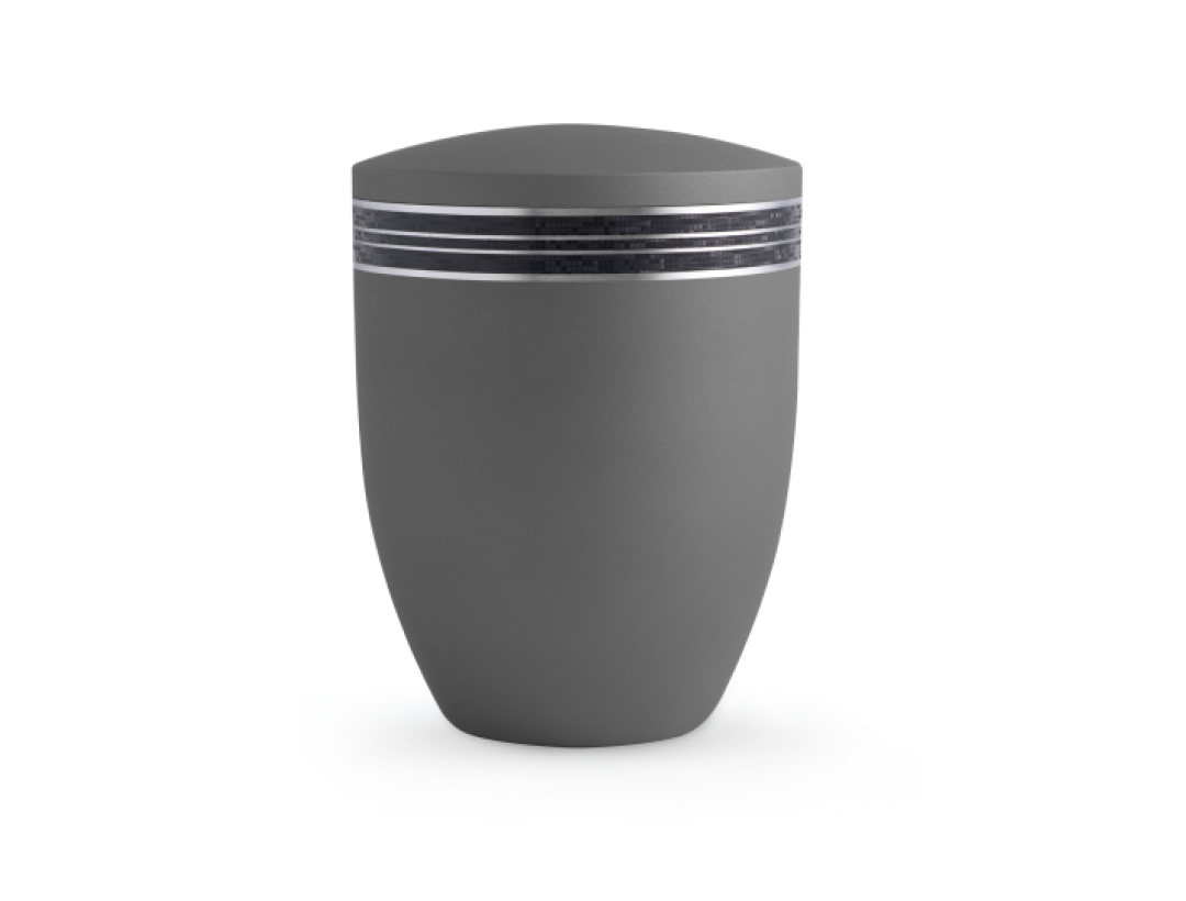 Edition Krypta, Samton steingrau, mattsilber eingefasstes schwarzes Mosaikzierband, biol. abbaub. Edition Krypta, Samton steingrau, mattsilber eingefasstes schwarzes Mosaikzierband, biol. abbaub.