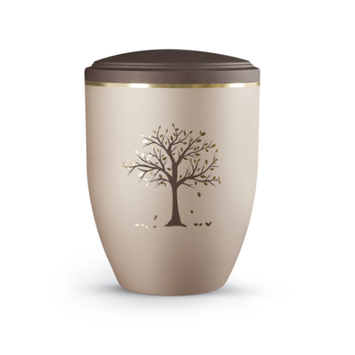 Urne der Edition La Vida in champagnerfarbenem Material mit goldener Linie und braunem Deckel, verziert mit einem Baum-Motiv in gold und sienafarbenen Akzenten.